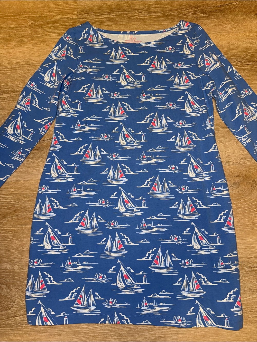 Vineyard Vines Knit Dress Sailing Scene Print Cornflower blue Size large NWOT